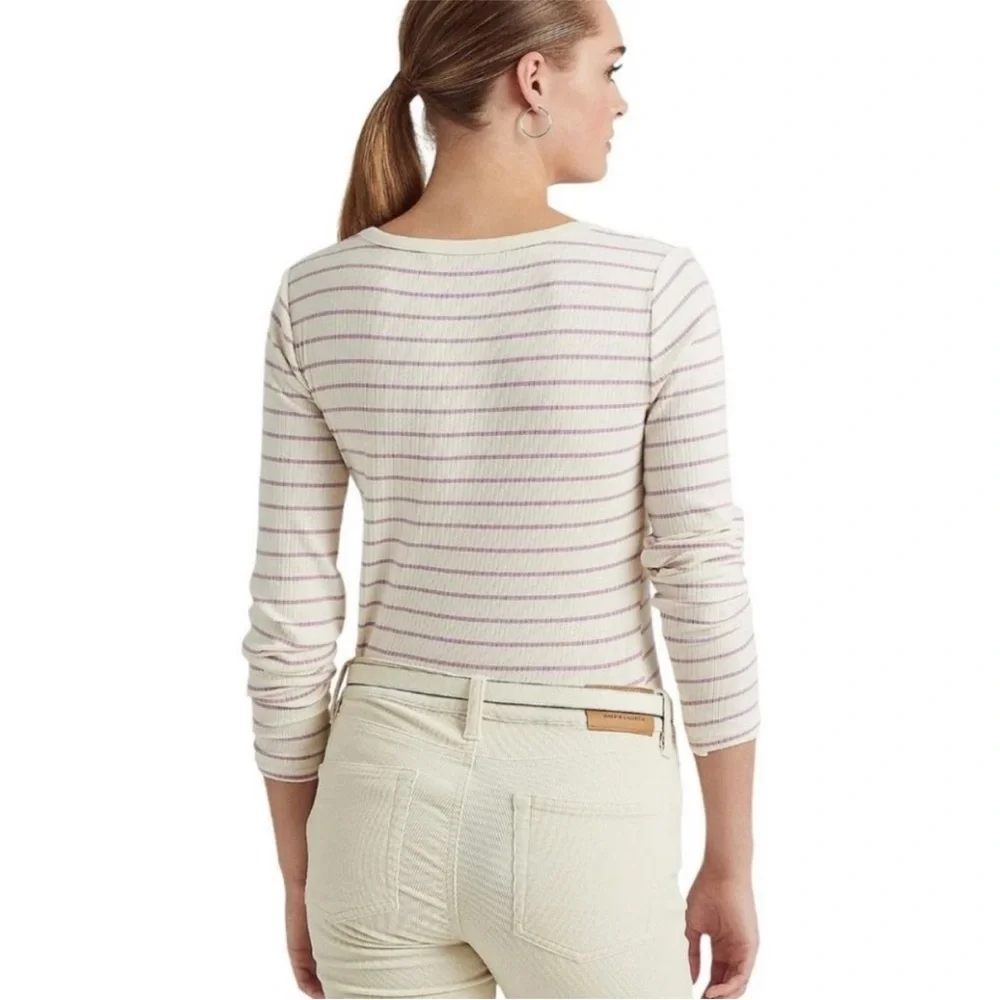 Lauren Ralph Lauren Long Sleeve Striped Henley Top in Mascarpone Cream